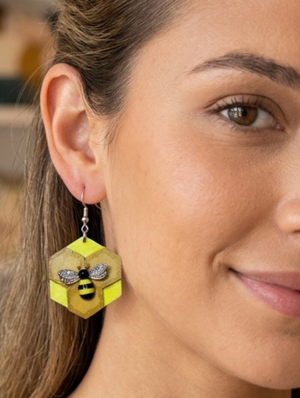 Handcrafted Enamel Bee and Honeycomb Earrings